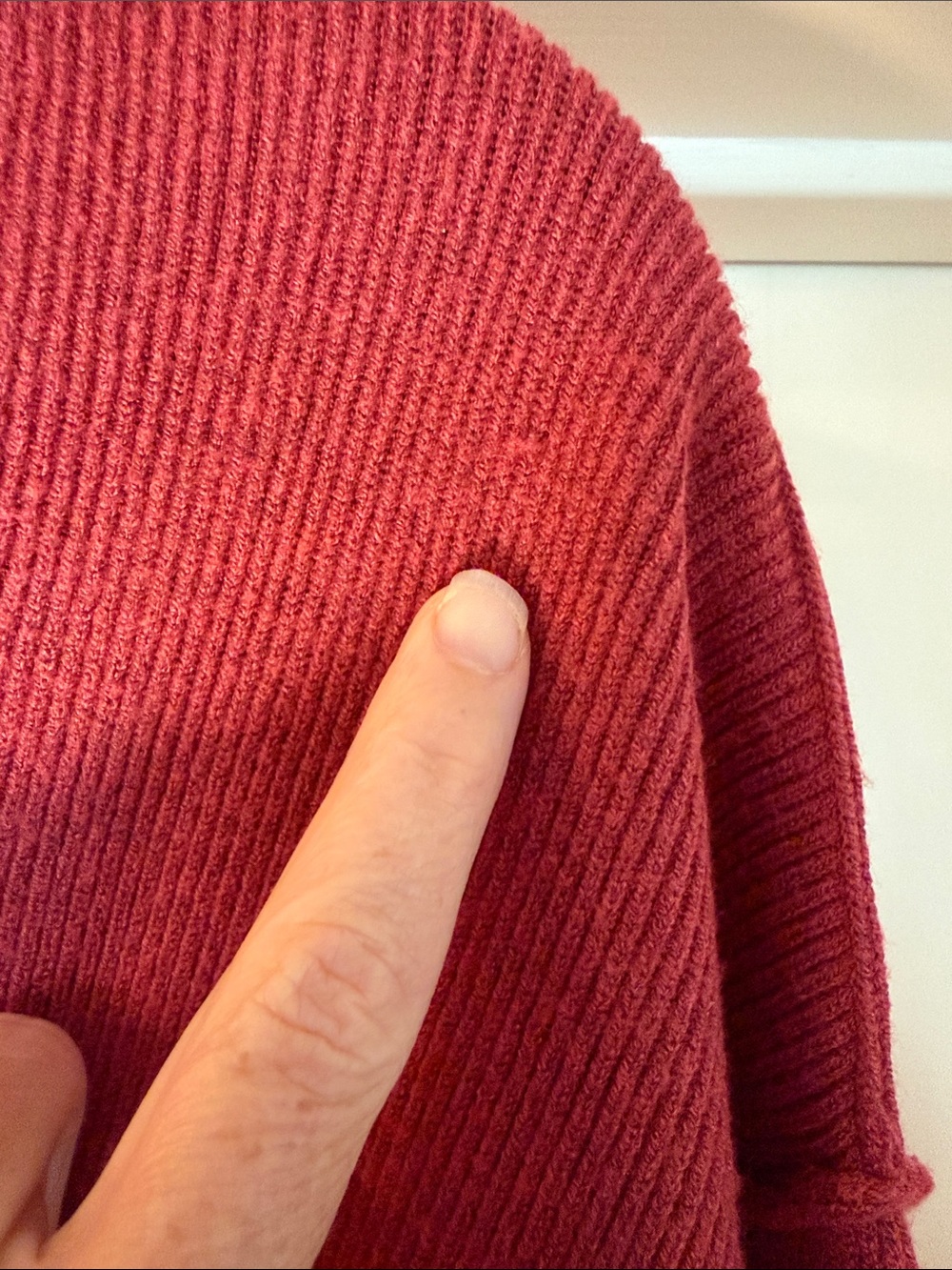Line & Dot Off-the-Shoulder Asymmetrical Sweater in Rust Red - Picture 6 of 11